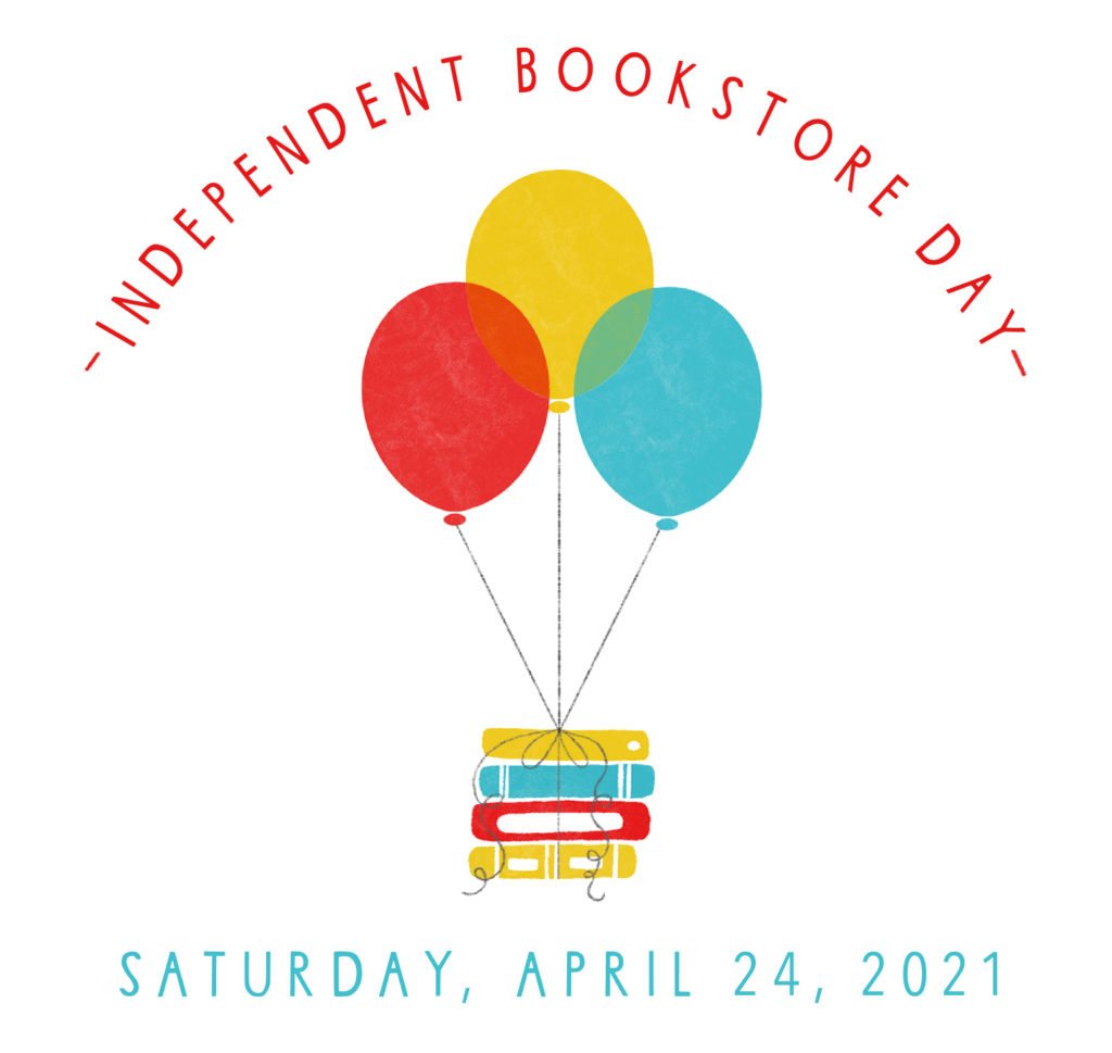 The Independent Bookstore Day logo, featuring a small stack of books floating thanks to 3 balloons.