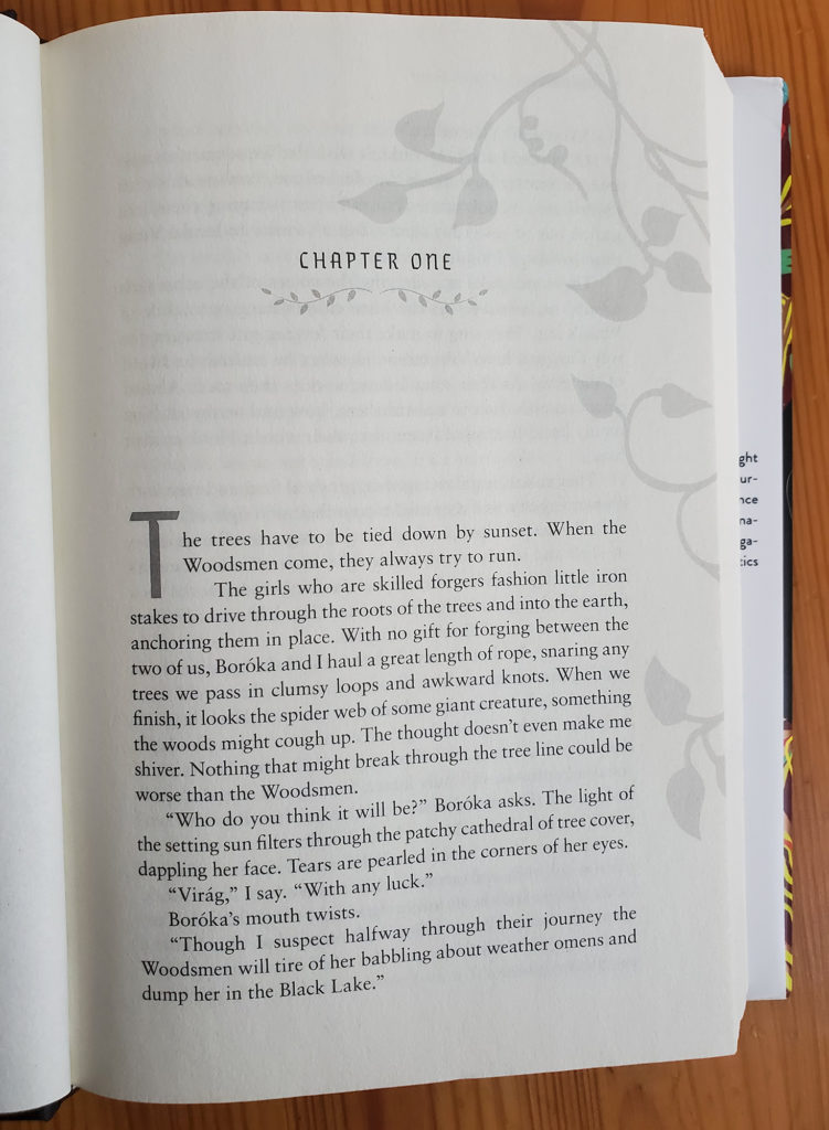 A photograph of the first page of the first chapter of The Wolf and The Woodsman. The page features vines as decorations.